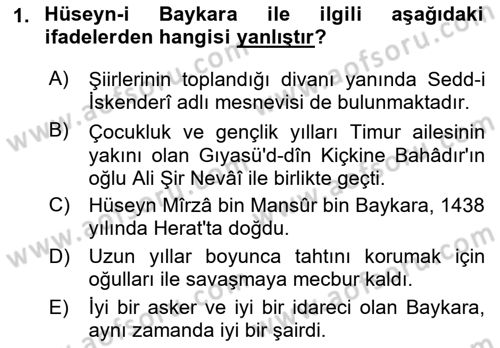 XIV-XV. Yüzyıllar Türk Edebiyatı Dersi 2018 - 2019 Yılı (Vize) Ara Sınav Soruları 1. Soru