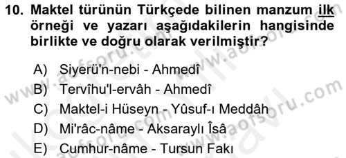XIV-XV. Yüzyıllar Türk Edebiyatı Dersi 2018 - 2019 Yılı (Vize) Ara Sınav Soruları 10. Soru