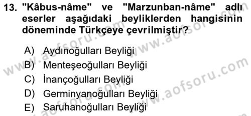 XIV-XV. Yüzyıllar Türk Edebiyatı Dersi 2018 - 2019 Yılı (Vize) Ara Sınav Soruları 13. Soru