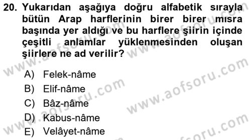 XIV-XV. Yüzyıllar Türk Edebiyatı Dersi 2018 - 2019 Yılı (Vize) Ara Sınav Soruları 20. Soru