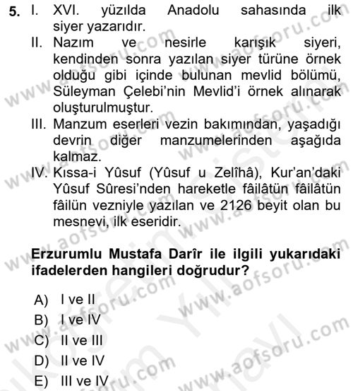 XIV-XV. Yüzyıllar Türk Edebiyatı Dersi 2018 - 2019 Yılı (Vize) Ara Sınav Soruları 5. Soru
