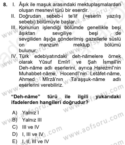 XIV-XV. Yüzyıllar Türk Edebiyatı Dersi 2018 - 2019 Yılı (Vize) Ara Sınav Soruları 8. Soru