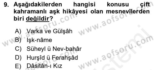 XIV-XV. Yüzyıllar Türk Edebiyatı Dersi 2018 - 2019 Yılı (Vize) Ara Sınav Soruları 9. Soru
