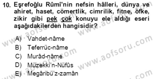 XIV-XV. Yüzyıllar Türk Edebiyatı Dersi 2018 - 2019 Yılı (Final) Dönem Sonu Sınavı 10. Soru