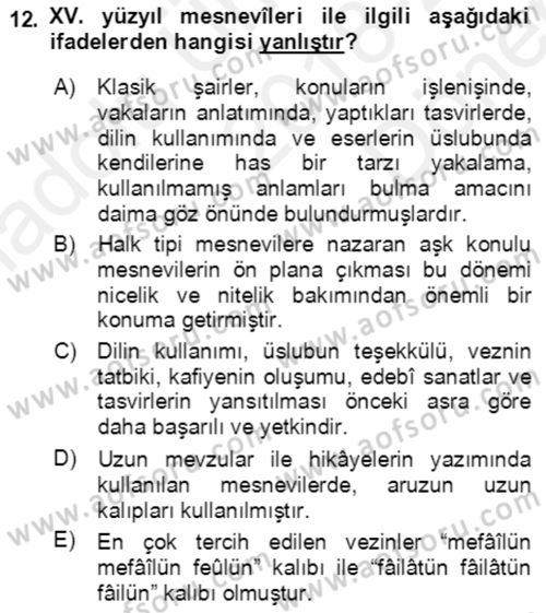 XIV-XV. Yüzyıllar Türk Edebiyatı Dersi 2018 - 2019 Yılı (Final) Dönem Sonu Sınavı 12. Soru