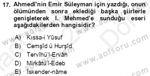 XIV-XV. Yüzyıllar Türk Edebiyatı Dersi 2018 - 2019 Yılı (Final) Dönem Sonu Sınavı 17. Soru