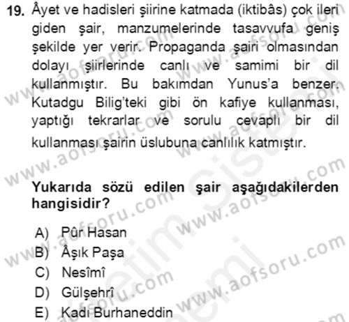 XIV-XV. Yüzyıllar Türk Edebiyatı Dersi 2018 - 2019 Yılı (Final) Dönem Sonu Sınavı 19. Soru