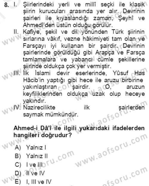 XIV-XV. Yüzyıllar Türk Edebiyatı Dersi 2018 - 2019 Yılı (Final) Dönem Sonu Sınav Soruları 8. Soru