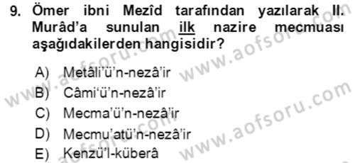 XIV-XV. Yüzyıllar Türk Edebiyatı Dersi 2018 - 2019 Yılı (Final) Dönem Sonu Sınavı 9. Soru