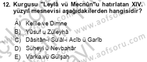 XIV-XV. Yüzyıllar Türk Edebiyatı Dersi 2018 - 2019 Yılı Yaz Okulu Sınav Soruları 12. Soru