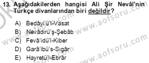XIV-XV. Yüzyıllar Türk Edebiyatı Dersi 2018 - 2019 Yılı Yaz Okulu Sınav Soruları 13. Soru