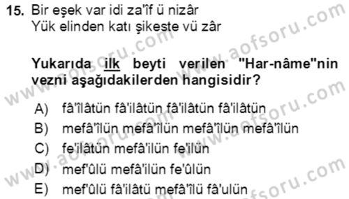 XIV-XV. Yüzyıllar Türk Edebiyatı Dersi 2018 - 2019 Yılı Yaz Okulu Sınav Soruları 15. Soru