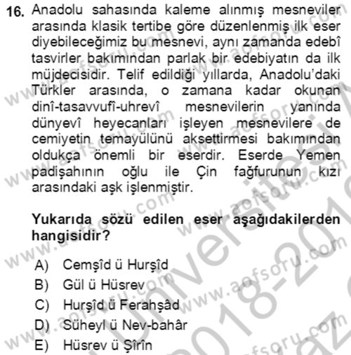 XIV-XV. Yüzyıllar Türk Edebiyatı Dersi 2018 - 2019 Yılı Yaz Okulu Sınav Soruları 16. Soru