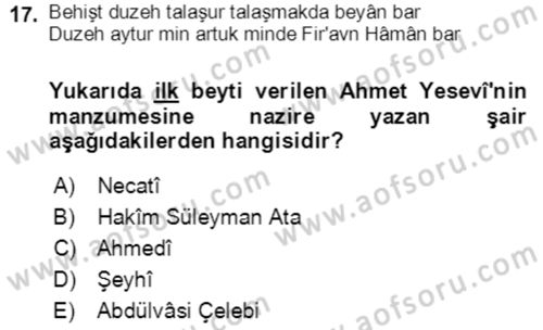 XIV-XV. Yüzyıllar Türk Edebiyatı Dersi 2018 - 2019 Yılı Yaz Okulu Sınav Soruları 17. Soru