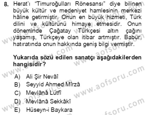 XIV-XV. Yüzyıllar Türk Edebiyatı Dersi 2018 - 2019 Yılı Yaz Okulu Sınav Soruları 8. Soru