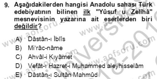 XIV-XV. Yüzyıllar Türk Edebiyatı Dersi 2018 - 2019 Yılı Yaz Okulu Sınav Soruları 9. Soru
