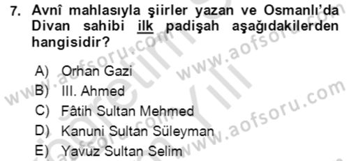 XIV-XV. Yüzyıllar Türk Edebiyatı Dersi 2020 - 2021 Yılı Yaz Okulu Sınavı 7. Soru