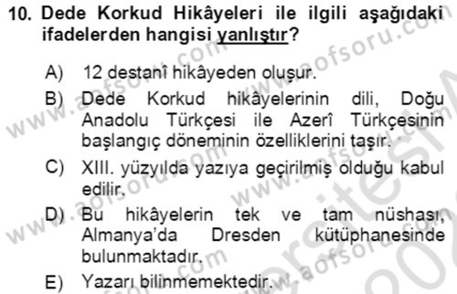 XIV-XV. Yüzyıllar Türk Edebiyatı Dersi 2021 - 2022 Yılı (Vize) Ara Sınav Soruları 10. Soru