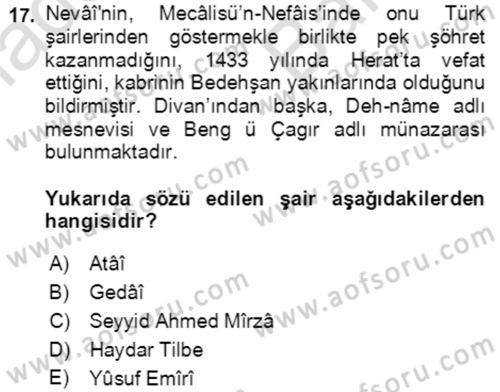 XIV-XV. Yüzyıllar Türk Edebiyatı Dersi 2021 - 2022 Yılı (Vize) Ara Sınavı 17. Soru