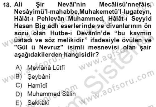 XIV-XV. Yüzyıllar Türk Edebiyatı Dersi 2021 - 2022 Yılı (Vize) Ara Sınavı 18. Soru