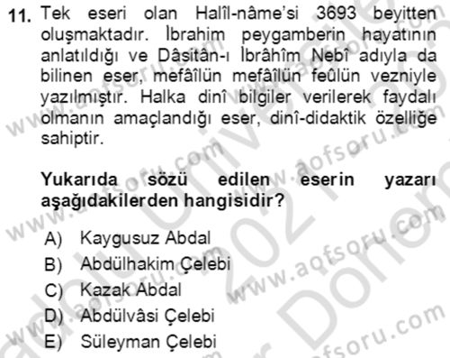 XIV-XV. Yüzyıllar Türk Edebiyatı Dersi 2021 - 2022 Yılı (Final) Dönem Sonu Sınavı 11. Soru