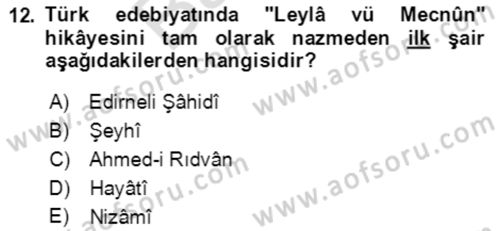 XIV-XV. Yüzyıllar Türk Edebiyatı Dersi 2021 - 2022 Yılı (Final) Dönem Sonu Sınav Soruları 12. Soru