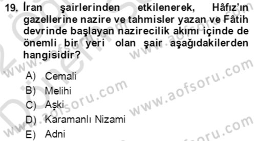 XIV-XV. Yüzyıllar Türk Edebiyatı Dersi 2021 - 2022 Yılı (Final) Dönem Sonu Sınavı 19. Soru