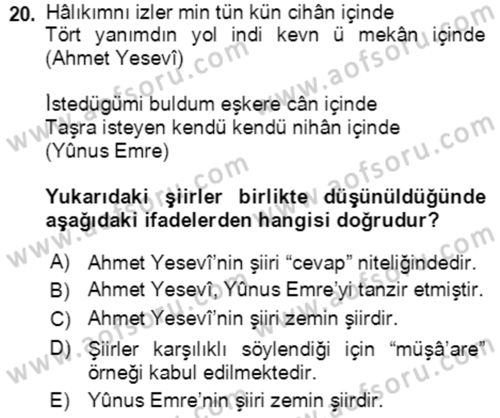 XIV-XV. Yüzyıllar Türk Edebiyatı Dersi 2021 - 2022 Yılı (Final) Dönem Sonu Sınav Soruları 20. Soru