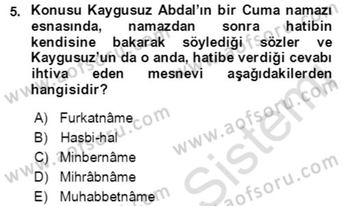 XIV-XV. Yüzyıllar Türk Edebiyatı Dersi 2021 - 2022 Yılı (Final) Dönem Sonu Sınav Soruları 5. Soru