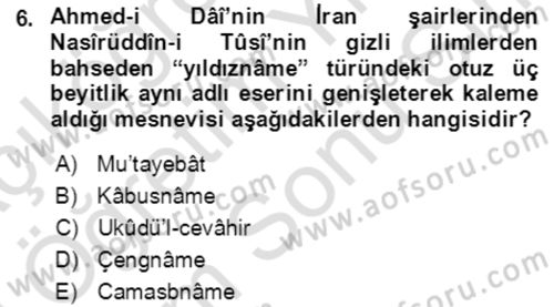 XIV-XV. Yüzyıllar Türk Edebiyatı Dersi 2021 - 2022 Yılı (Final) Dönem Sonu Sınav Soruları 6. Soru