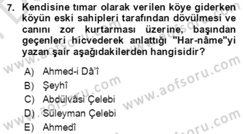 XIV-XV. Yüzyıllar Türk Edebiyatı Dersi 2021 - 2022 Yılı (Final) Dönem Sonu Sınav Soruları 7. Soru