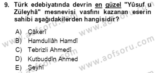 XIV-XV. Yüzyıllar Türk Edebiyatı Dersi 2021 - 2022 Yılı (Final) Dönem Sonu Sınav Soruları 9. Soru