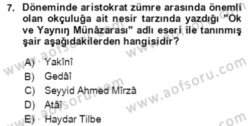 XIV-XV. Yüzyıllar Türk Edebiyatı Dersi 2021 - 2022 Yılı Yaz Okulu Sınavı 7. Soru