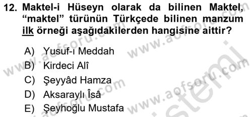 XIV-XV. Yüzyıllar Türk Edebiyatı Dersi 2022 - 2023 Yılı Yaz Okulu Sınav Soruları 12. Soru