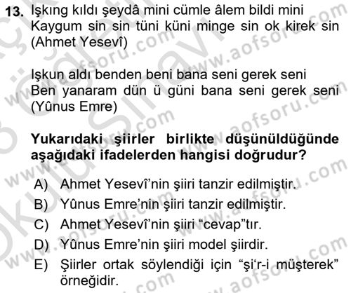 XIV-XV. Yüzyıllar Türk Edebiyatı Dersi 2022 - 2023 Yılı Yaz Okulu Sınav Soruları 13. Soru