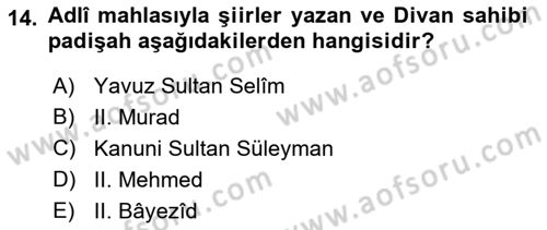 XIV-XV. Yüzyıllar Türk Edebiyatı Dersi 2022 - 2023 Yılı Yaz Okulu Sınav Soruları 14. Soru