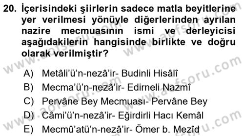 XIV-XV. Yüzyıllar Türk Edebiyatı Dersi 2022 - 2023 Yılı Yaz Okulu Sınav Soruları 20. Soru