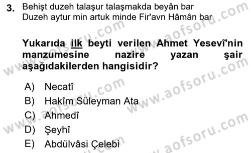 XIV-XV. Yüzyıllar Türk Edebiyatı Dersi 2022 - 2023 Yılı Yaz Okulu Sınav Soruları 3. Soru