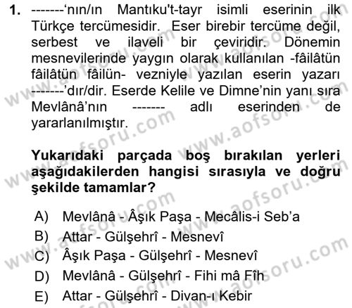 XIV-XV. Yüzyıllar Türk Edebiyatı Dersi 2023 - 2024 Yılı (Vize) Ara Sınavı 1. Soru