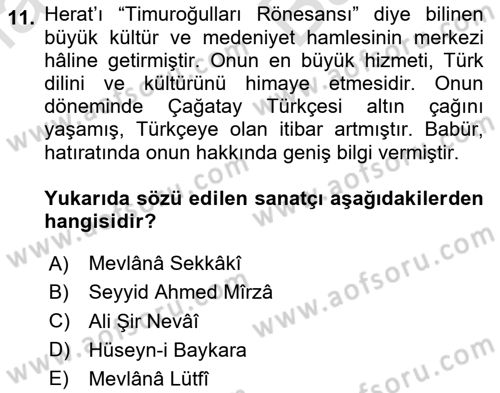 XIV-XV. Yüzyıllar Türk Edebiyatı Dersi 2023 - 2024 Yılı (Vize) Ara Sınavı 11. Soru