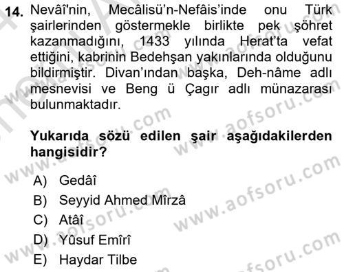 XIV-XV. Yüzyıllar Türk Edebiyatı Dersi 2023 - 2024 Yılı (Vize) Ara Sınavı 14. Soru