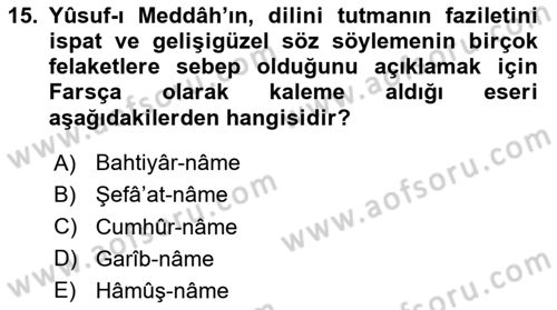XIV-XV. Yüzyıllar Türk Edebiyatı Dersi 2023 - 2024 Yılı (Vize) Ara Sınavı 15. Soru