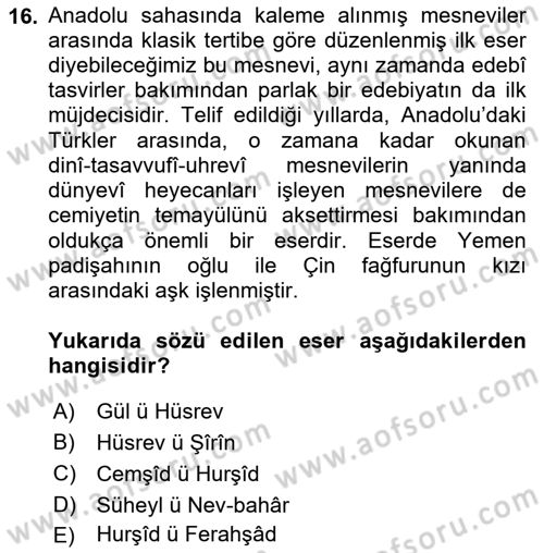 XIV-XV. Yüzyıllar Türk Edebiyatı Dersi 2023 - 2024 Yılı (Vize) Ara Sınavı 16. Soru