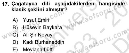 XIV-XV. Yüzyıllar Türk Edebiyatı Dersi 2023 - 2024 Yılı (Vize) Ara Sınavı 17. Soru