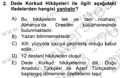 XIV-XV. Yüzyıllar Türk Edebiyatı Dersi 2023 - 2024 Yılı (Vize) Ara Sınavı 2. Soru