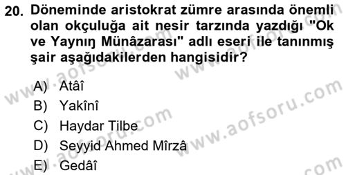 XIV-XV. Yüzyıllar Türk Edebiyatı Dersi 2023 - 2024 Yılı (Vize) Ara Sınavı 20. Soru