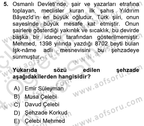 XIV-XV. Yüzyıllar Türk Edebiyatı Dersi 2023 - 2024 Yılı (Vize) Ara Sınavı 5. Soru