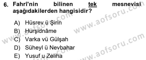 XIV-XV. Yüzyıllar Türk Edebiyatı Dersi 2023 - 2024 Yılı (Vize) Ara Sınavı 6. Soru