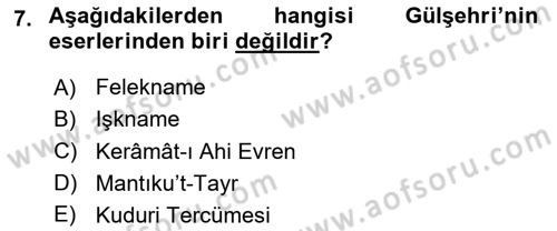 XIV-XV. Yüzyıllar Türk Edebiyatı Dersi 2023 - 2024 Yılı (Vize) Ara Sınavı 7. Soru