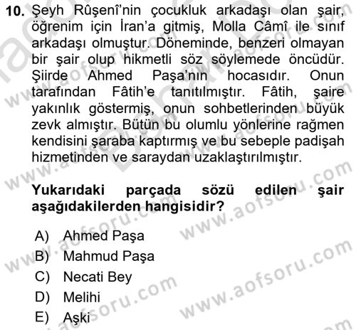 XIV-XV. Yüzyıllar Türk Edebiyatı Dersi 2023 - 2024 Yılı (Final) Dönem Sonu Sınav Soruları 10. Soru